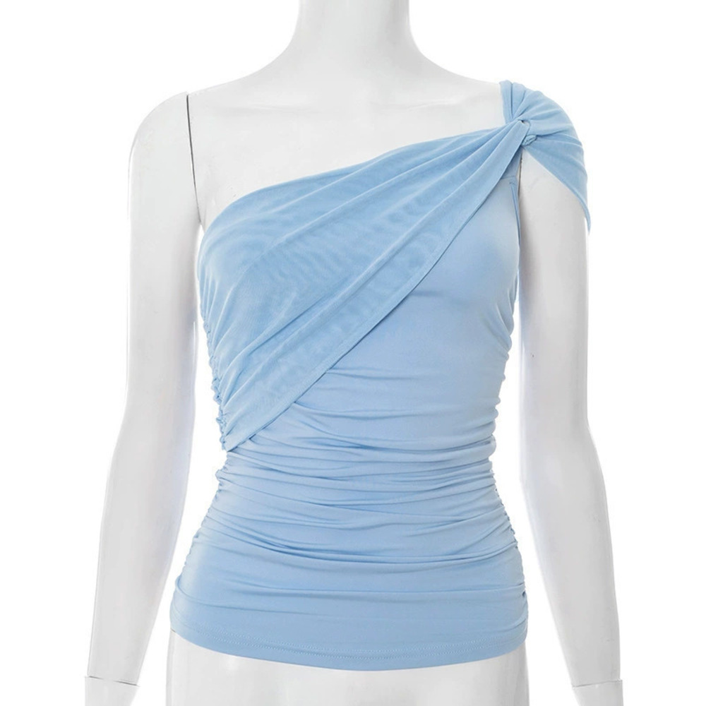 Zara Summer Solid Color One Shoulder Tie Mesh Tank Top - Picture 6 of 6